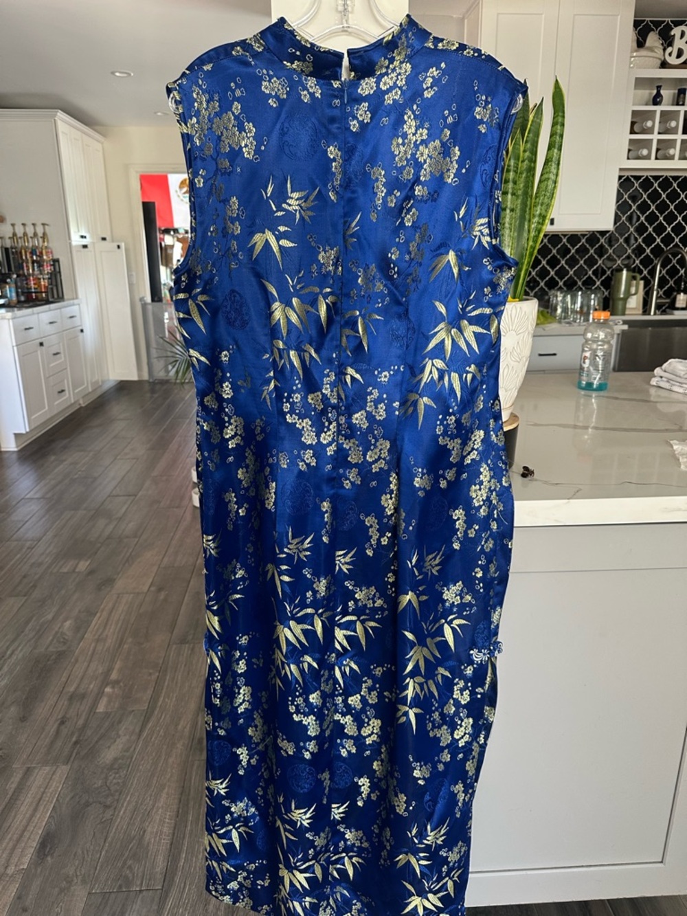 Blue Floral Satin Cheongsam-Style Dress